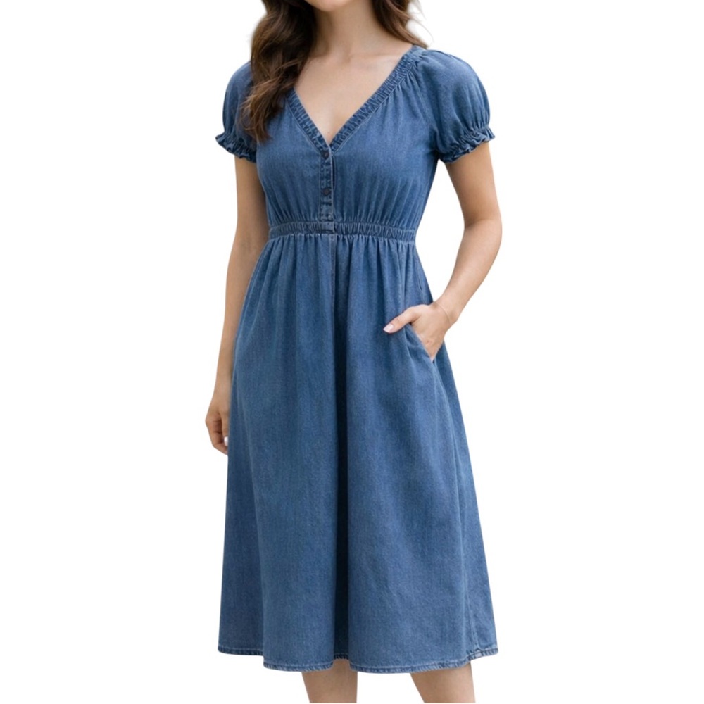 GAP Blue V-Neck lightweight denim Midi dress, elastic waist/neck, size Small
